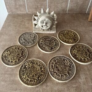 Vintage Aztec Celestial Sun Ceramic Coaster Set Of 7 With Holder Stand